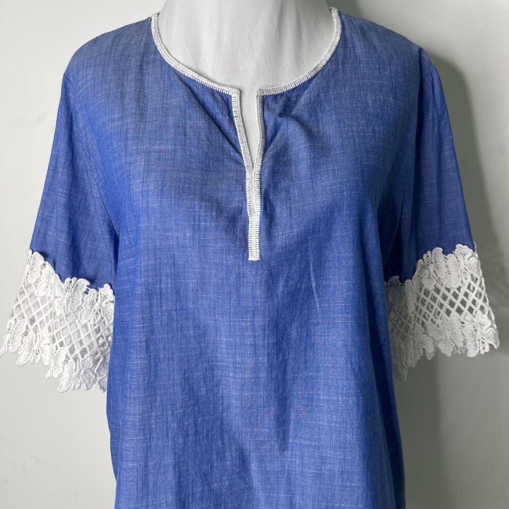 Lilly Pulitzer Women's Blue 3/4 Sleeve 100% Cotton Lace Tunic Size Medium - Picture 2 of 9